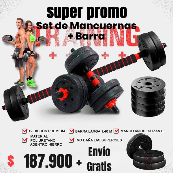 Kit pesas PRO 40 lbs (20kg) Multifuncional + barra larga 1,40 M